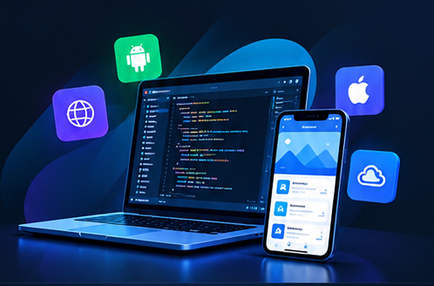 A laptop showing code and a phone showing an app, with Android, Apple, web and cloud icons floating around them
