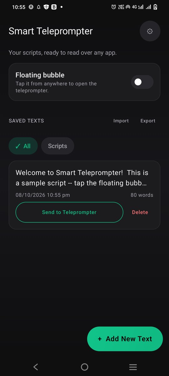 Home screen with the floating bubble switch and saved scripts