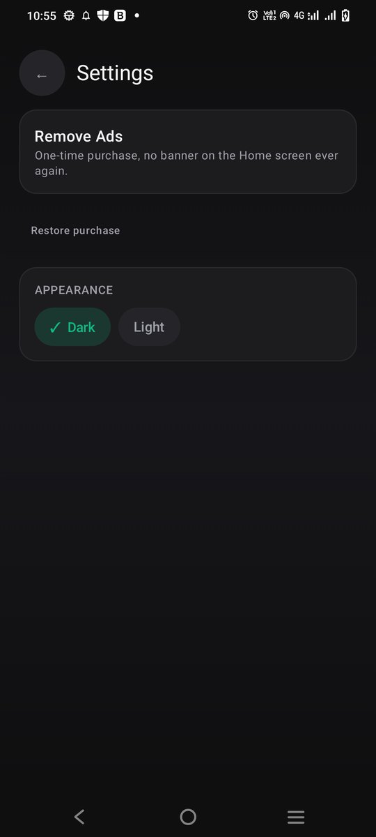 Settings screen with the appearance option